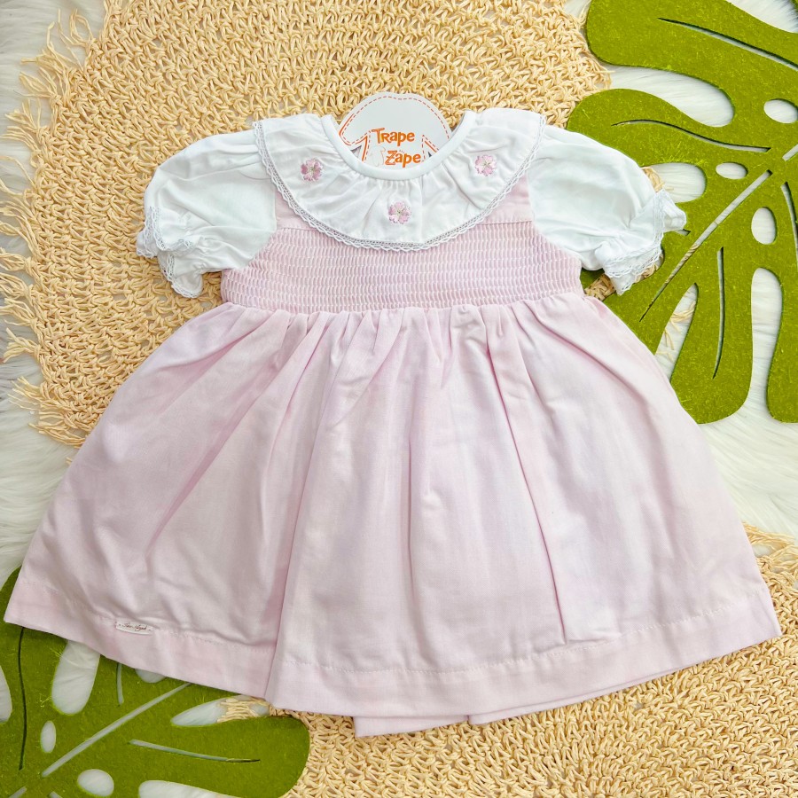 Vestido Manga Curta Gola Bordada 3 Flores - Rosa